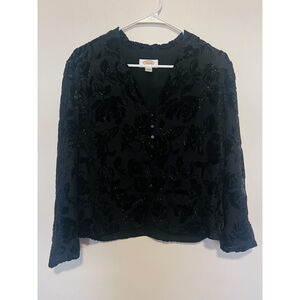 Talbots Blouse Womens 16 Petite 1X Black Velvet Brocade Party Dressy Jacket Top